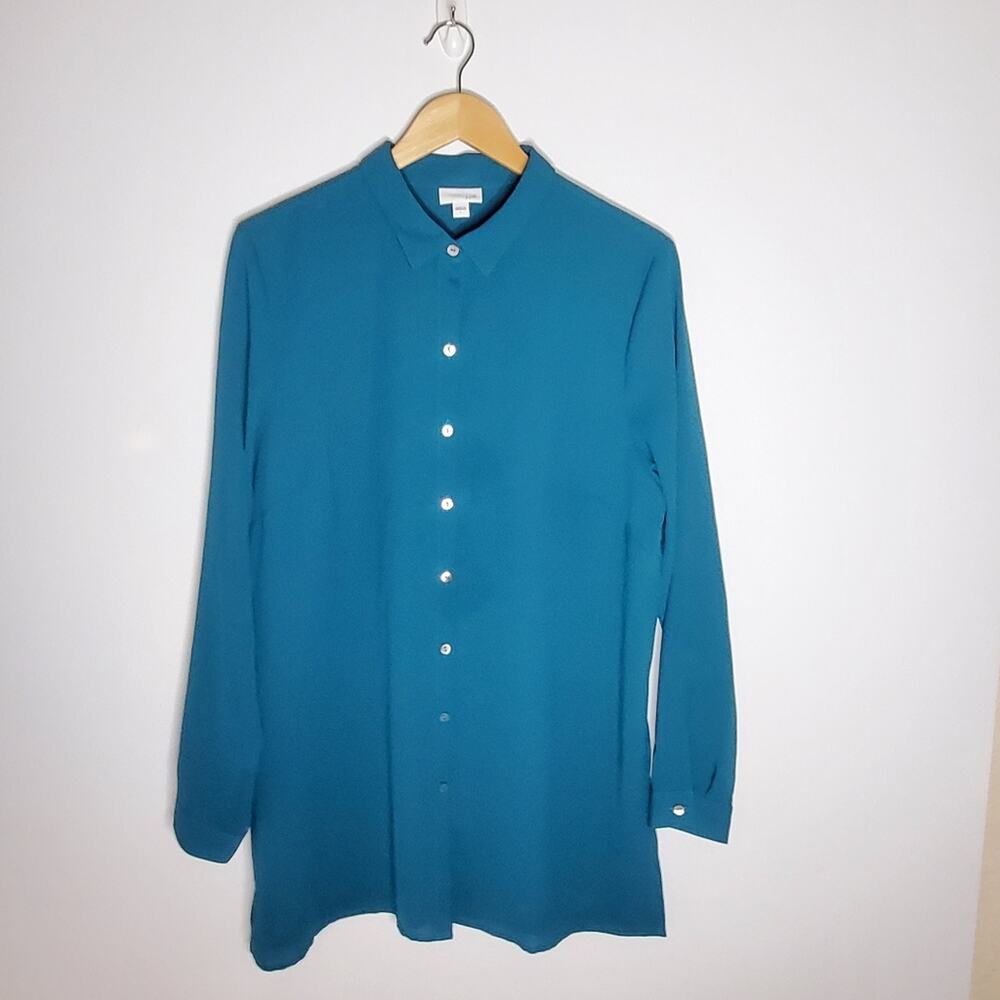 J Jill Emerald Green Long sleeve button up pleat back top blouse Size Large
